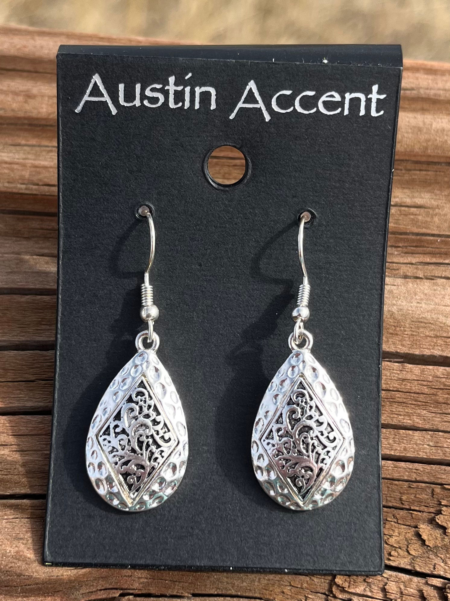 Textured Silver Teardrop Earrings with Scroll Pattern ER-C145