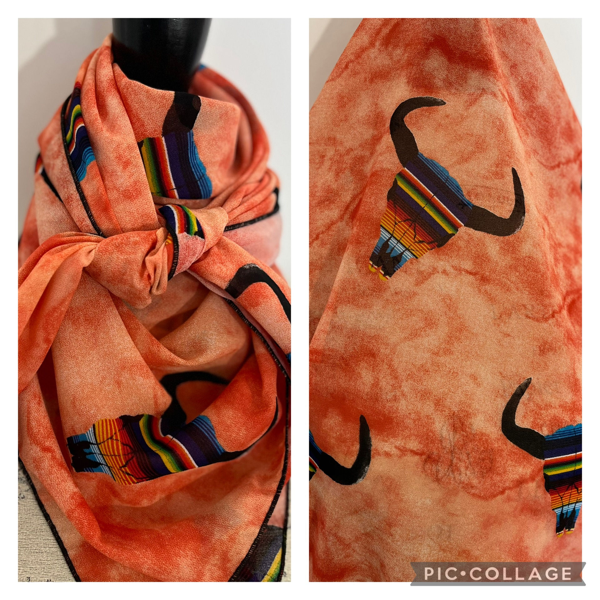Orange Coral with Serape Cow Skulls Chiffon Print SW572-o