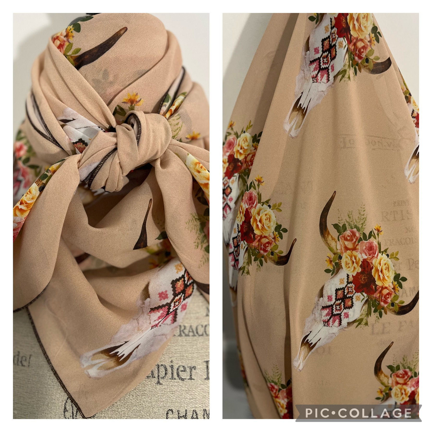 Cream with Decorated Steer Heads Chiffon Print SW541