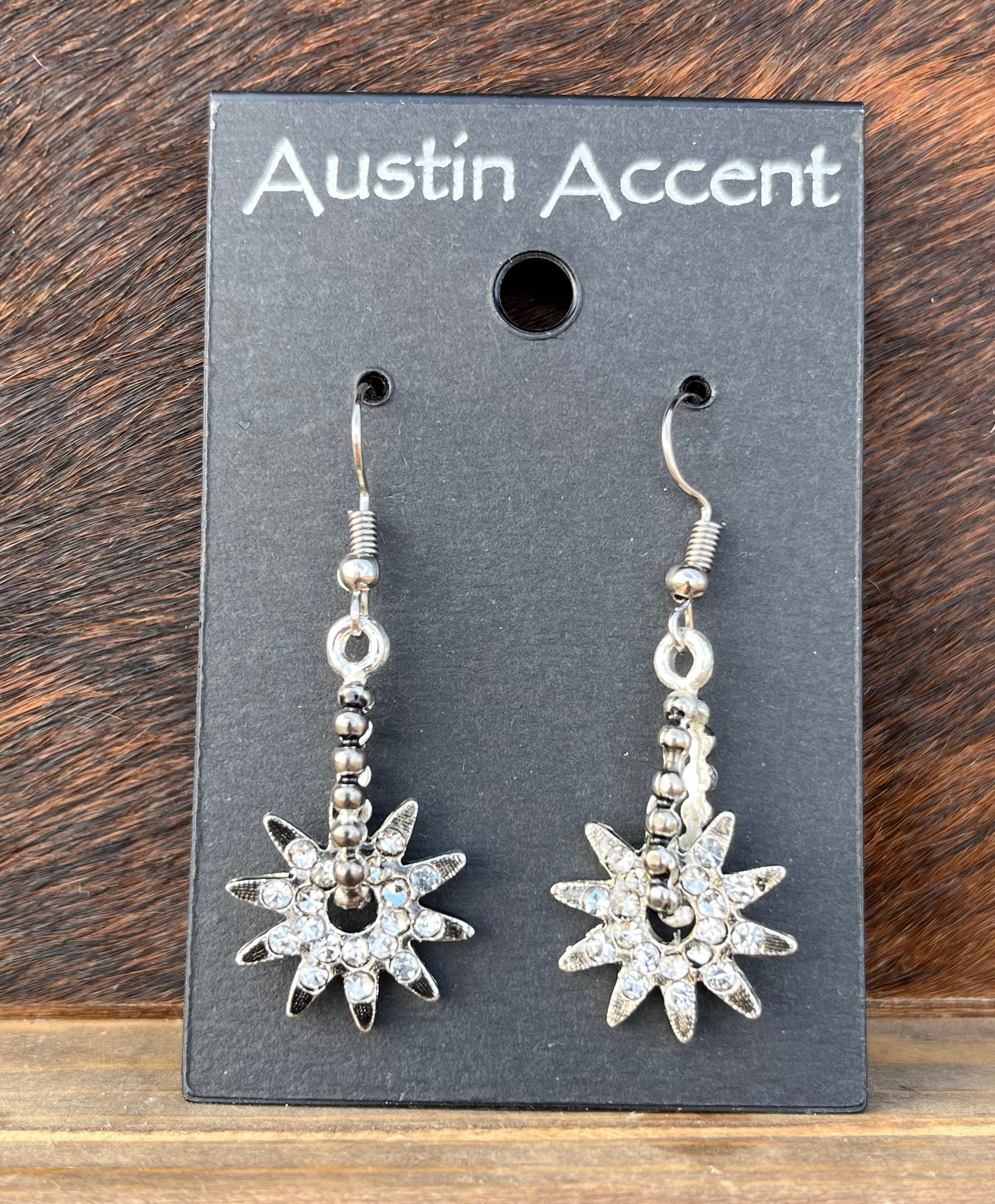 Silver and Crystal Spur Rowel Dangle Earrings ER141