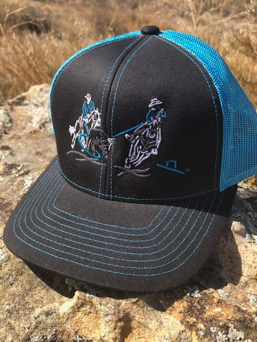 Team Roping in Turquoise Blue on Charcoal and Turquoise TruckerHat ...