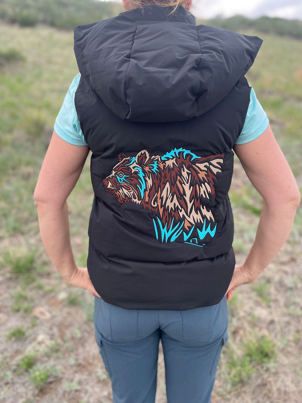 Thumbnail: Ladies Bear Embroidered Hooded Puffy Vest
