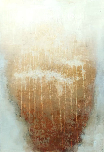 Painting of a texture shape with white clouds and dark orange, golden patterns