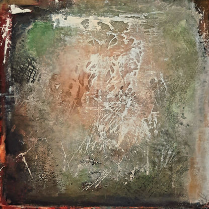 All those who wander was is inspired by the soundtrack of the movie Tolkien. It is an abstract painting with light orange shapes, with green hues and dark red shades. It seems like there is  the texture of a dragon.