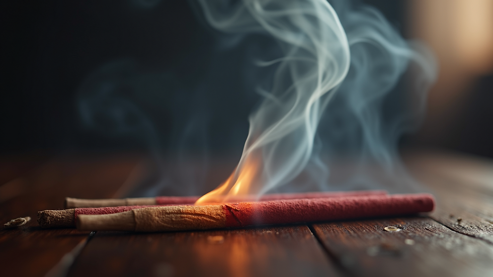 Close-up view of Satya incense sticks burning with soft smoke