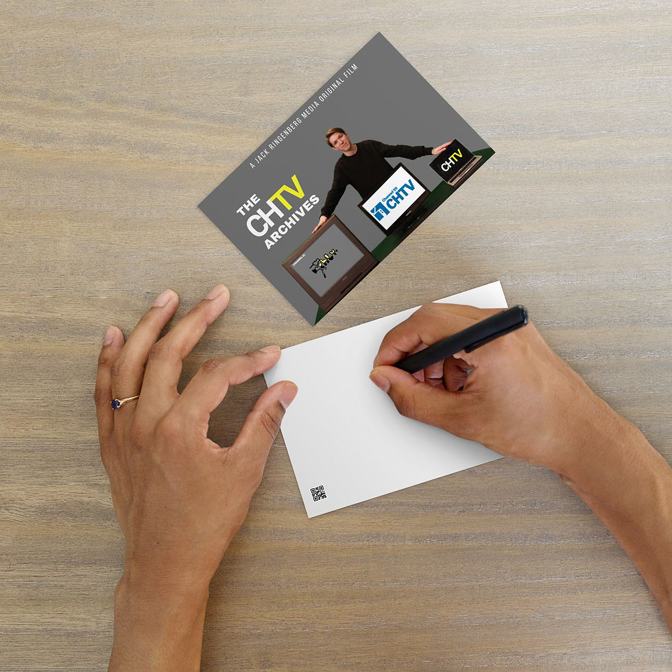 Two postcards on a table. One has the "CHTV Archives" poster on it. The other is blank with a hand writing on it.