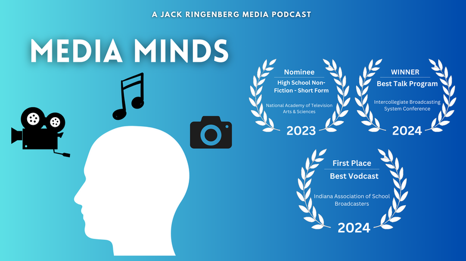 An icon of a head. Around the head are icons of a movie camera, a music note, and a photography camera. Above the icons is the text, "Media Minds". Above the head is the text, "A Jack Ringenberg Media Podcast”. To the right of the head are three film festival laurels stacked on top of each other.