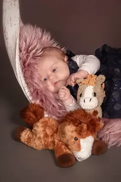 Baby liegt auf einem Bananenblatt in einem Fell mit zwei seiner Stoff-Pferdchen.