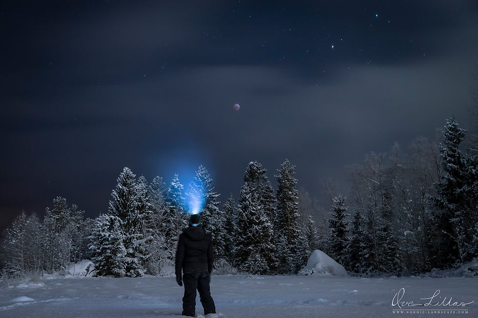 Man standing in a snowy landscape at night watching lunar eclipse