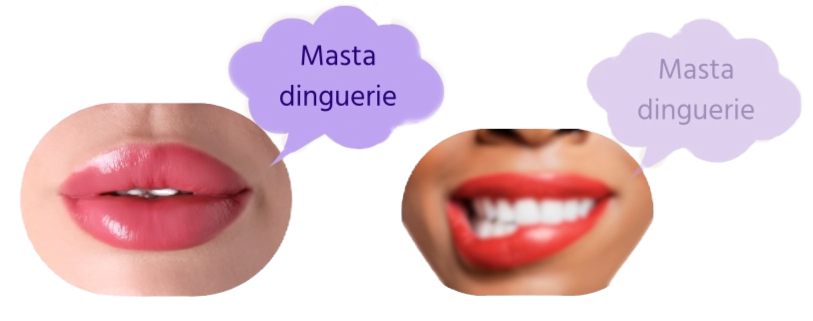 Bouches souriantes avec rouge à lèvres rose et rouge. Bulles violettes avec texte "Masta dinguerie". Fond blanc. Ambiance joyeuse.