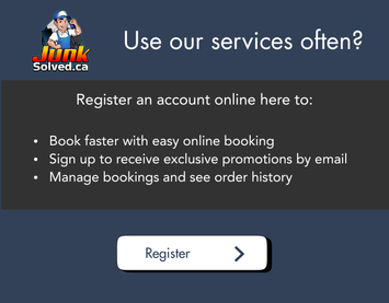 A blue and grey promotion with a Junk Solved logo and text describing the benefits of registering for an account on the Junk Solved website, with a register button on the page.