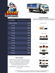 A detailed rate card for Junk Solved describing pricing for incremental load amounts based on volume, the Junk Solved logo, Junk Solved truck image with dimensions, load example images and an information blurb about load rates.