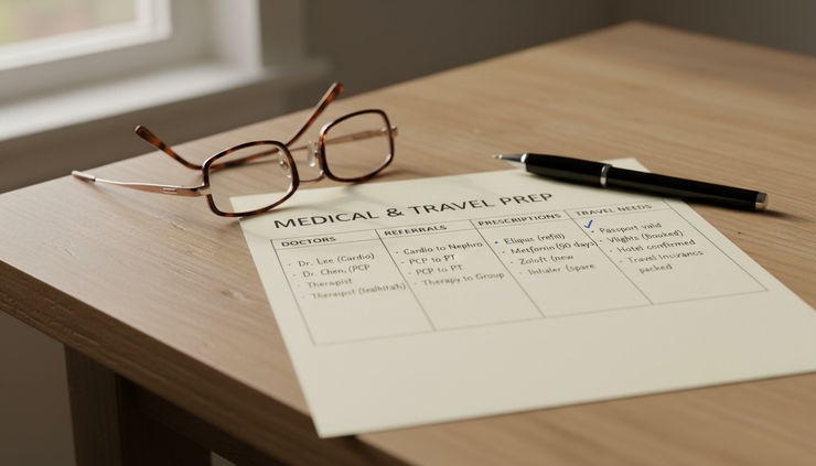Close-up view of a handwritten checklist comparing doctors, referrals, and travel needs.