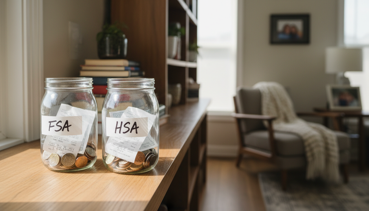 Eye-level view of two labeled jars on a home shelf, one marked FSA and one marked HSA.