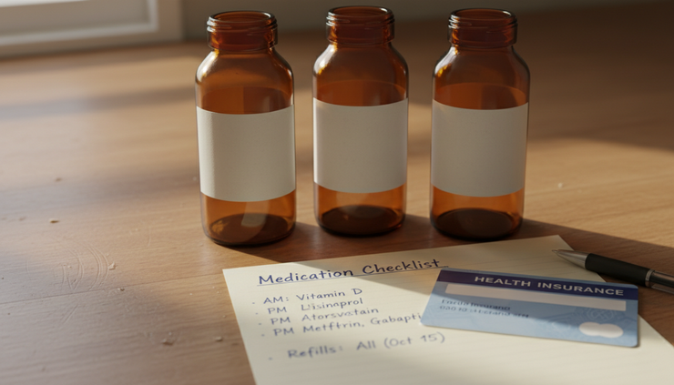 Close-up view of prescription bottles beside a health plan card and checklist.