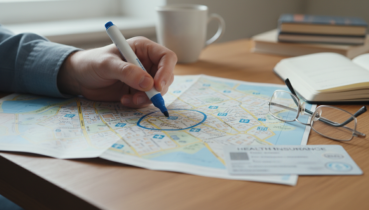 Close-up view of a hand marking in-network doctors on a printed neighborhood map.