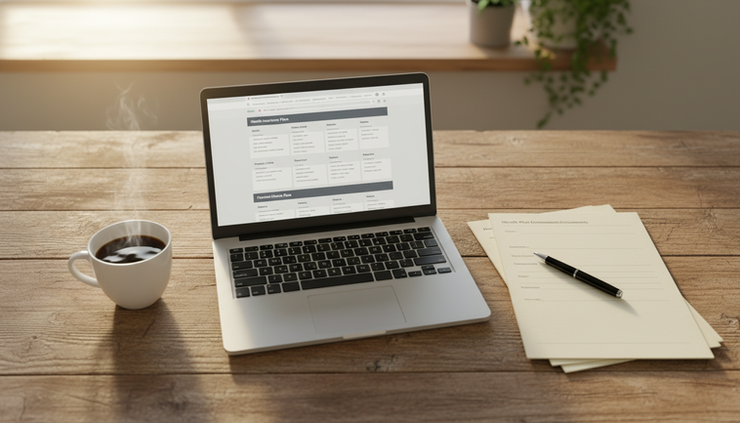 Overhead view of a kitchen table with health plan papers and a laptop.