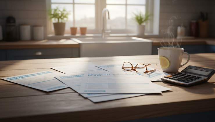 Eye-level view of a kitchen table with health plan papers and a calculator
