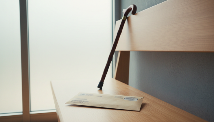 Eye-level view of a mailed care notice beside a walking cane on a clinic bench.