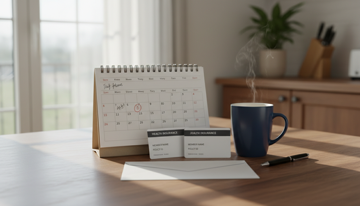 Eye-level view of a kitchen table with a calendar, insurance cards, and a cup of coffee