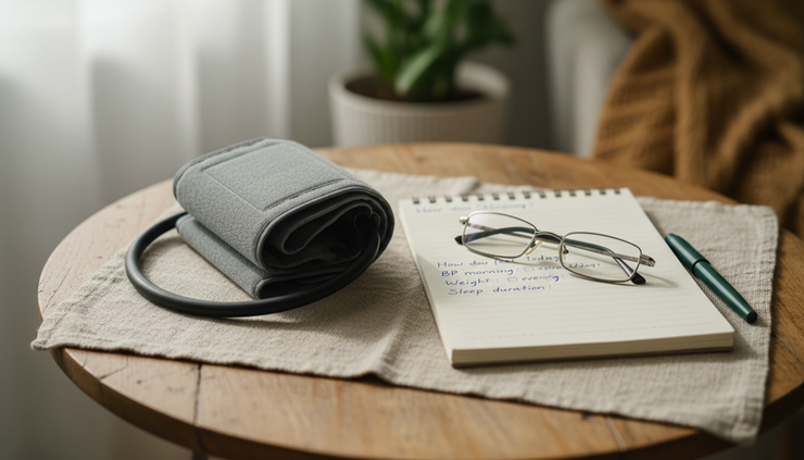 Close-up view of a blood pressure cuff beside a notebook with health questions.