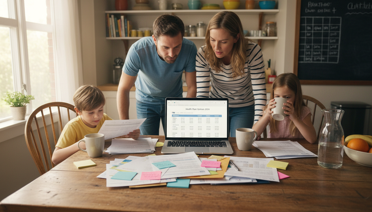 Eye-level view of a family sorting health insurance papers at a kitchen table