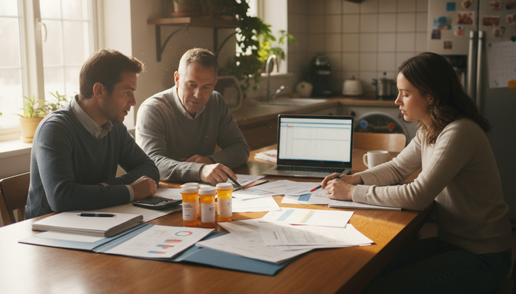 Eye-level view of a family reviewing medical plan papers at a kitchen table