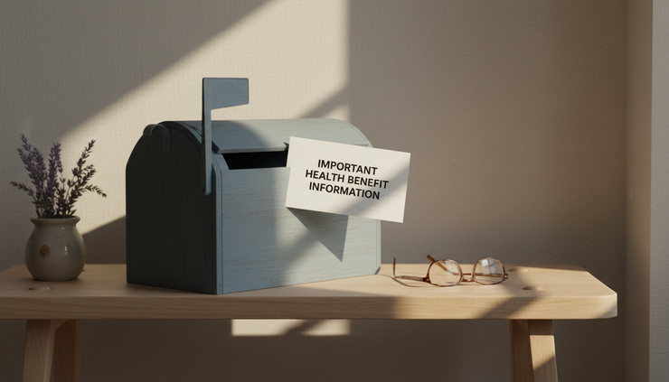 Eye-level view of a home mailbox holding a health claim notice and a pair of reading glasses