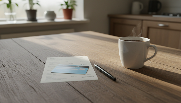 Eye-level view of a kitchen table with a generic health insurance card and a medical bill