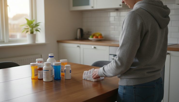 Wide-angle view of a person organizing medicine on a kitchen table