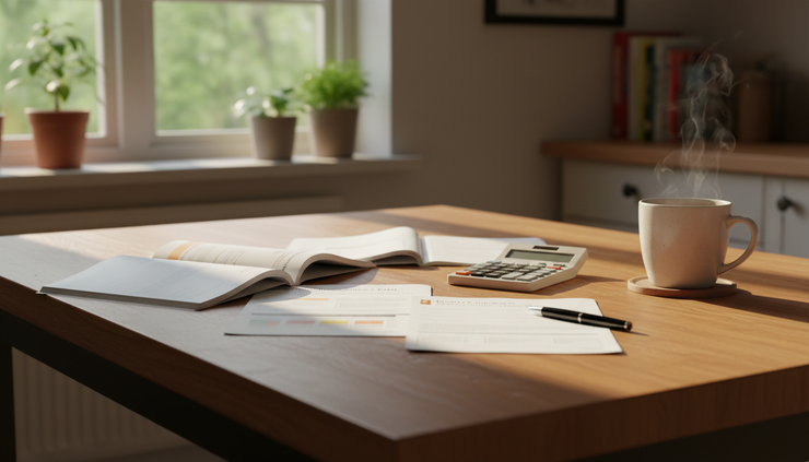 Eye-level view of a kitchen table with health insurance papers and a calculator