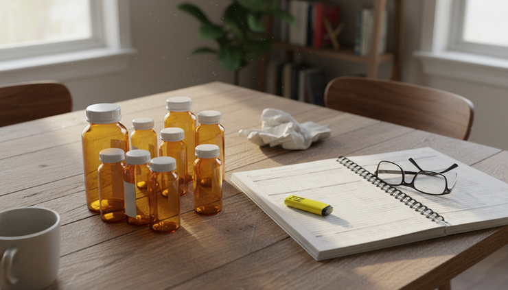 Overhead view of prescription bottles next to a health plan drug list on a dining table
