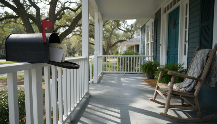 Wide-angle view of a family mailbox with envelopes and a benefits notice on a front porch