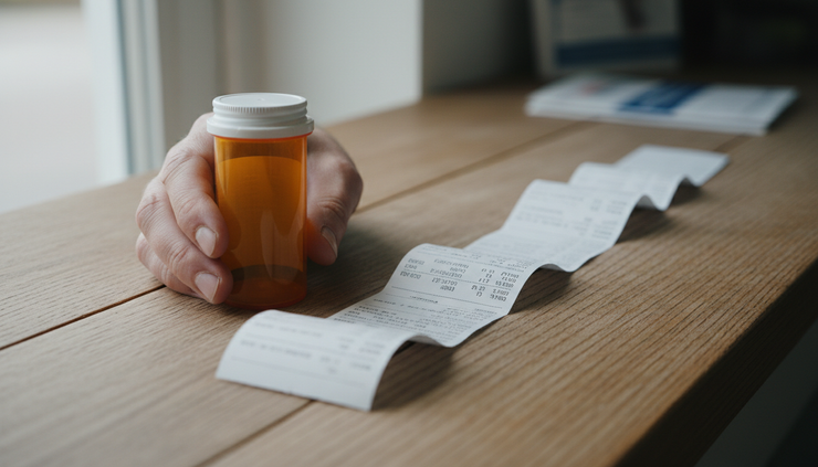 Close-up view of a hand holding a prescription bottle beside a paper receipt.