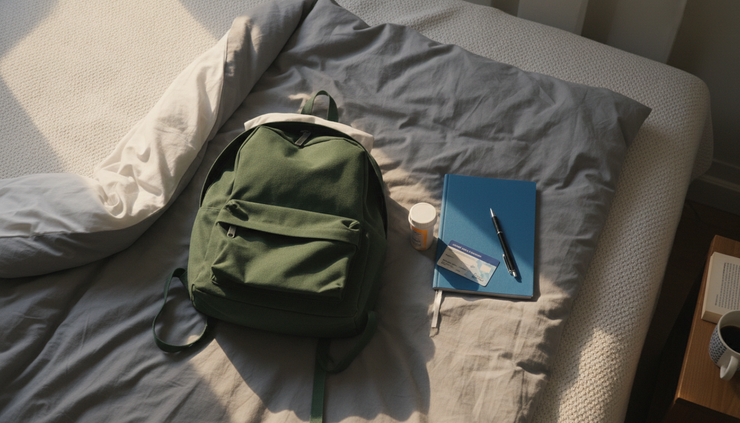 Overhead view of a backpack, prescription bottle, insurance card, and notebook on a bed