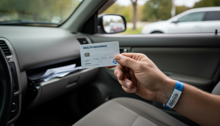 Close-up of a hand holding an insurance card and hospital wristband inside a parked car.