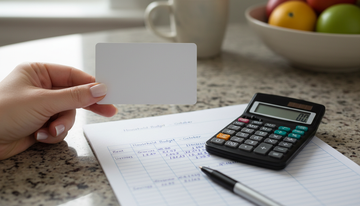 Close-up view of a hand holding a health insurance card beside a calculator