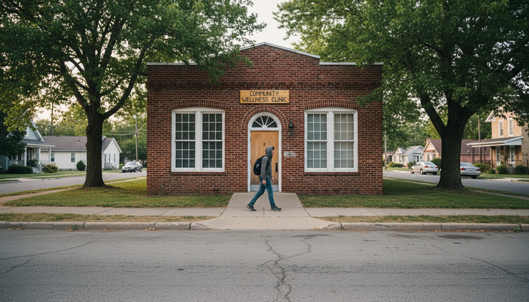 Wide-angle view of a patient walking toward a neighborhood clinic entrance.
