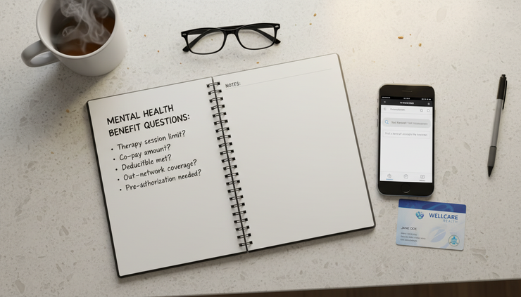 Overhead view of a notebook with benefit questions beside a phone and insurance card