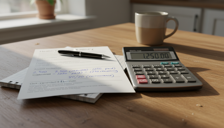 Close-up view of a calculator beside a health insurance summary and handwritten deductible notes