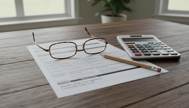 Close-up of a printed checklist beside reading glasses and a calculator.