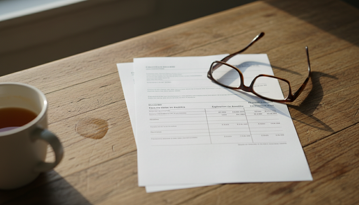 Overhead view of a medical bill and explanation of benefits beside a pair of glasses.