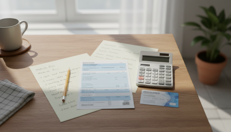 Overhead view of a medical bill beside a calculator and handwritten notes