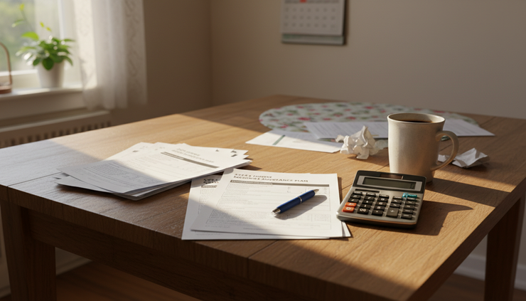 Eye-level view of a kitchen table with health plan papers, a calculator, and a mug