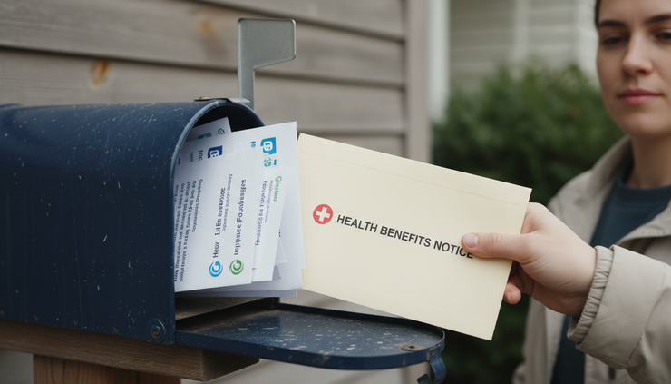 Close-up view of a mailbox with health coverage letters and a hand holding an envelope