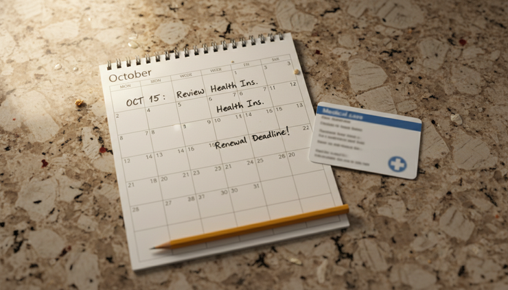 Overhead view of a calendar with insurance renewal reminders and medical cards