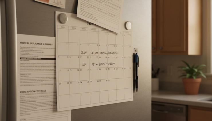 Eye-level view of a refrigerator calendar with medical dates and paper statements held by magnets.