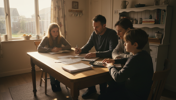 Eye-level view of a family reviewing medical bills at a kitchen table.
