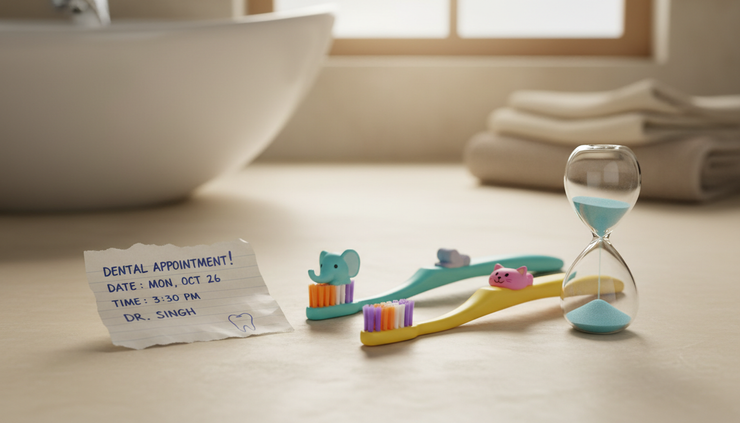 Close-up of two children's toothbrushes beside a dental appointment reminder