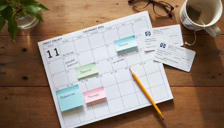 Overhead view of a family calendar with medical appointment cards and a pencil